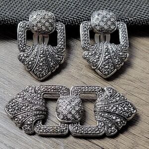 Avon Art Deco‎ Brooch Clip-On Earrings Marcasite Rhinestone Jewelry Set